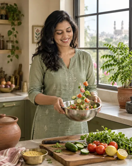 Tossing a fresh cucumber and tomato salad in a steel bowl in a sunlit home kitchen