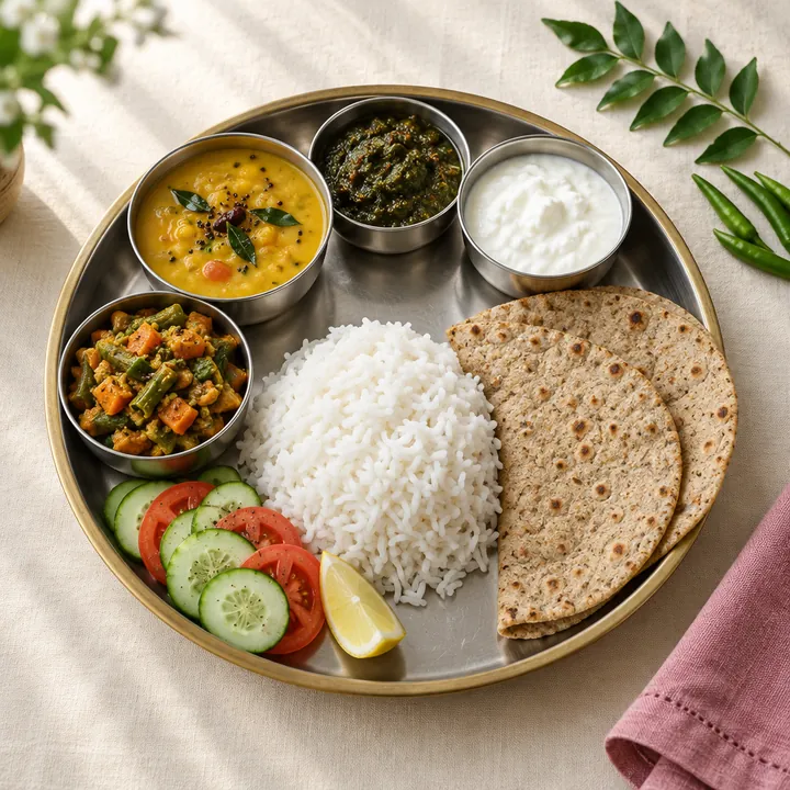 A Telangana lunch thali: tomato pappu, annam, perugu, beans koora and jonna rotte on a steel plate.