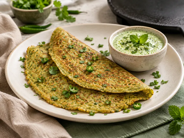 Two golden moong dal chillas on a plate with a bowl of mint–curd dip.