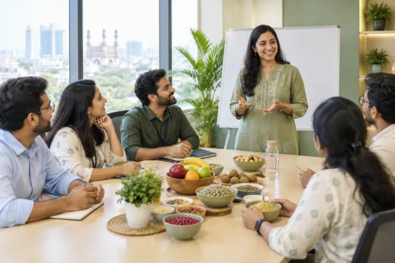 A nutrition workshop: a presenter at a whiteboard and colleagues around a table of fruit and snacks