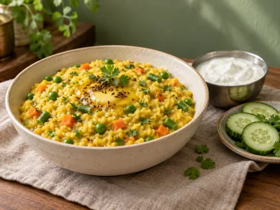A bowl of vegetable millet khichdi served with curd and cucumber slices