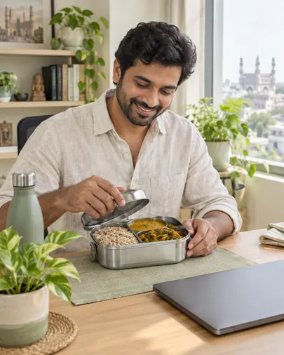 A man packing a home-cooked lunch into a steel tiffin