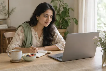 A woman taking notes at her laptop beside a breakfast bowl at a sunlit table