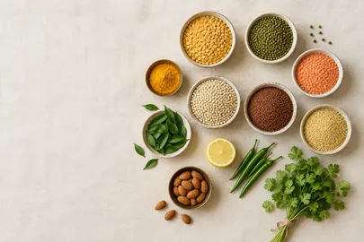 Small bowls of lentils, millets and seeds laid out with greens, lemon and almonds