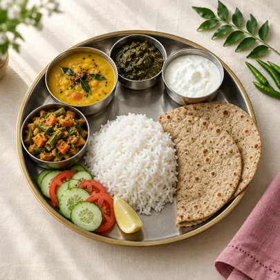 An overhead thali with dal, sabzi, rice, rotis, curd and salad
