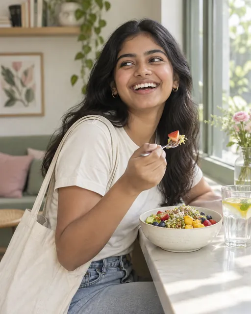 A young person laughing over a bowl of sprouts and fresh fruit by a sunny window