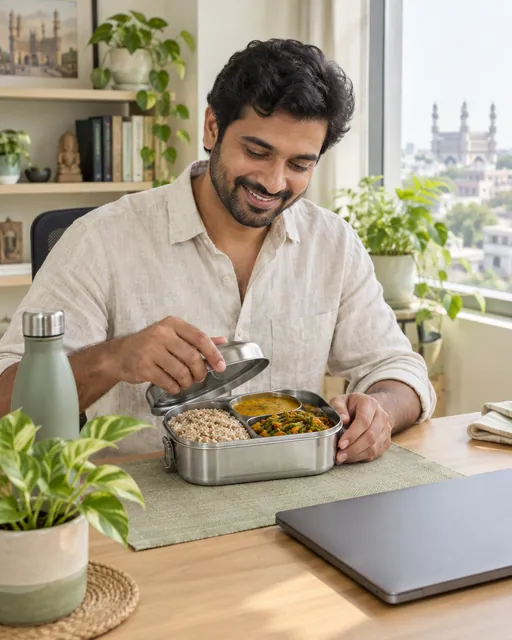 A man opening a steel tiffin of rice and curry at his work desk