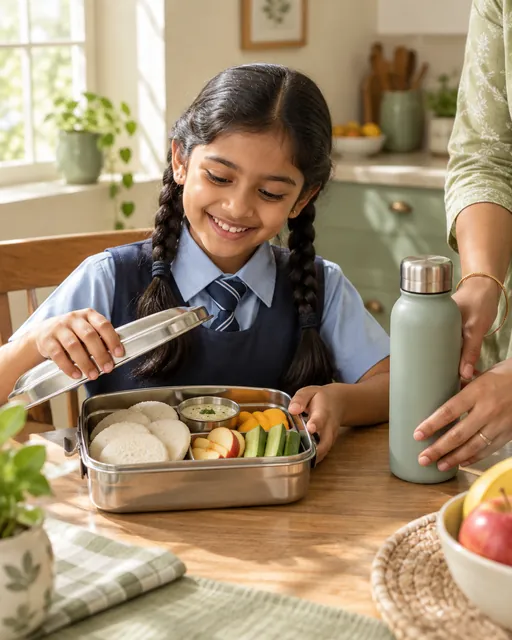 A schoolchild smiling as she packs idli and cut fruit into a steel lunchbox at the kitchen table
