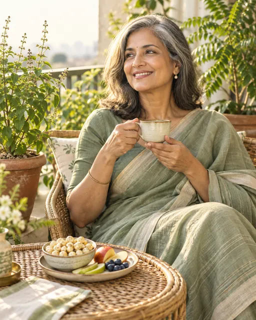 An older woman in a sage sari holding a cup of tea beside a plate of snacks and fruit