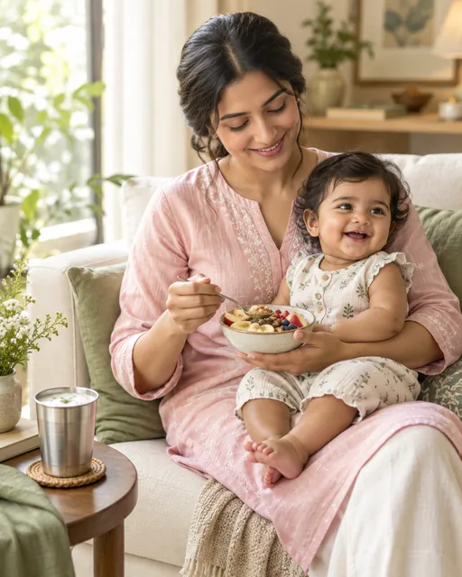 A mother at home feeding her baby from a small bowl of porridge